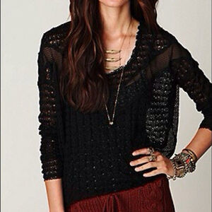 Free People Womens Top Sheer Lace Mesh Long Sleeve Black Fairy Goth Sz. S